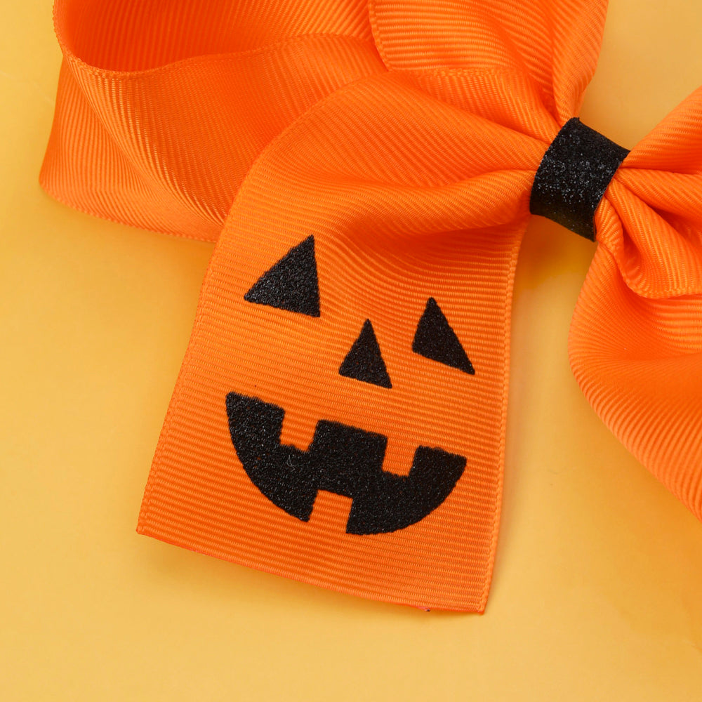 5.5Inch Orange Ribbon Hair Bow Clip Sparkly Funny Face Halloween Hair Clip