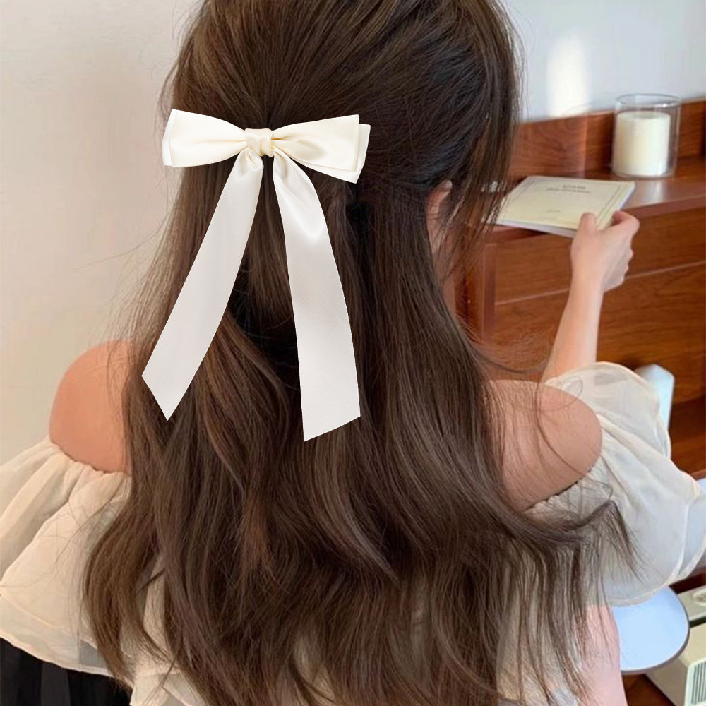 2pcs Satin Hair Bows for Girls Beige Black