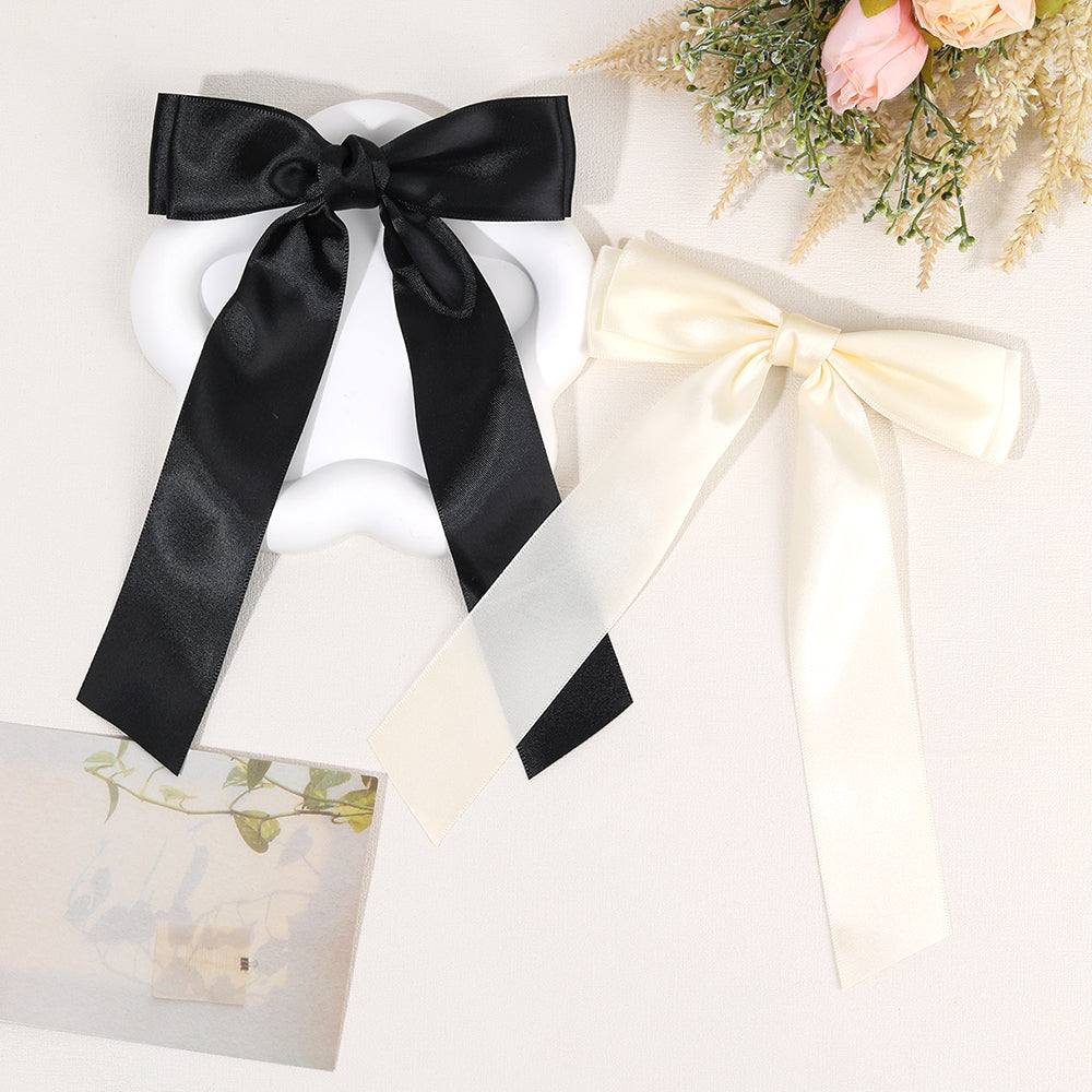 2pcs Satin Hair Bows for Girls Beige Black