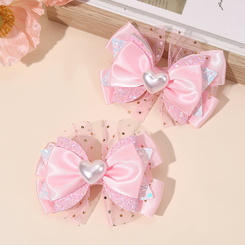 2Pcs Pastel Satin Hair Bow Clip Mesh Boutique Glitter Hair Clip Girls Baby