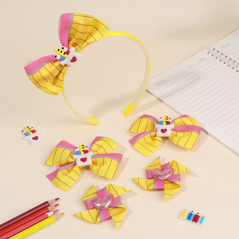 5Pcs Yellow Pencil Hair Clip Set Back to School Headband Girls
