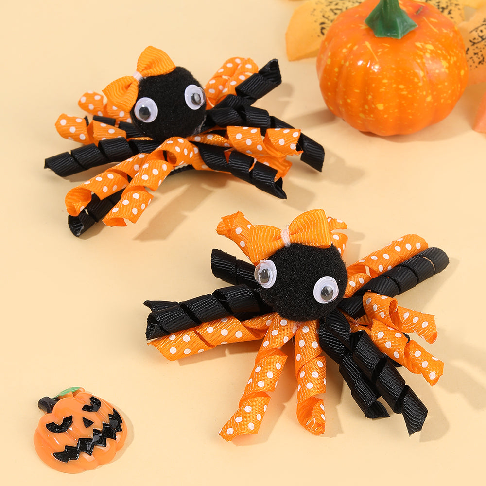 2Pcs Cartoon Spider Curly Ribbon Hair Bow Clip Girls Halloween Hair Clip