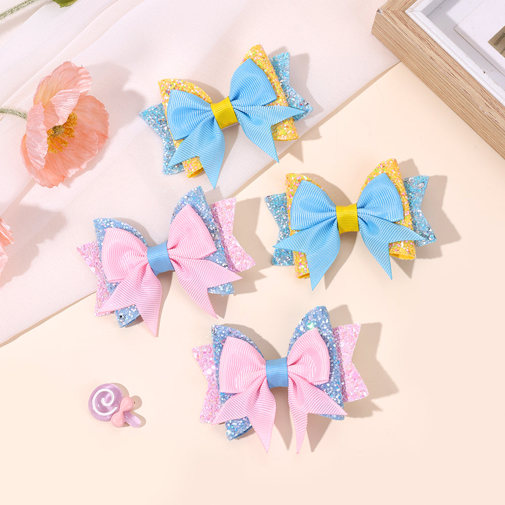 4Pcs Grosgrain Ribbon Boutique Hair Bow Clip Sparkly Glitter Pigtails Hair Clip Princess Gilrs
