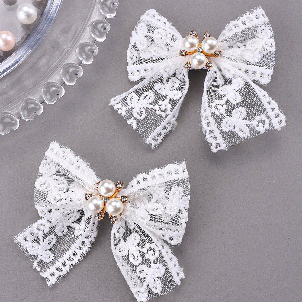 2Pcs Lace Hair Bow Clips with Pearl