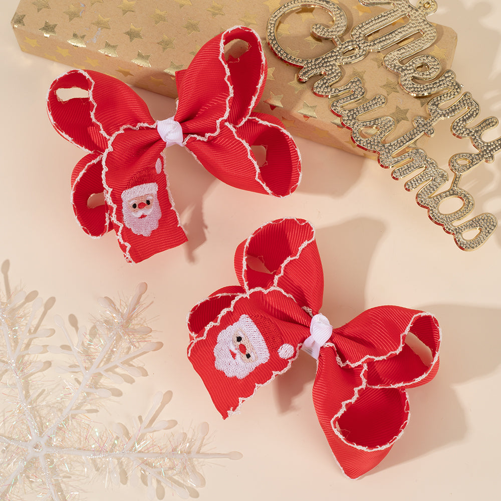 2Pcs Christmas Embroidery Hair Bow Clips