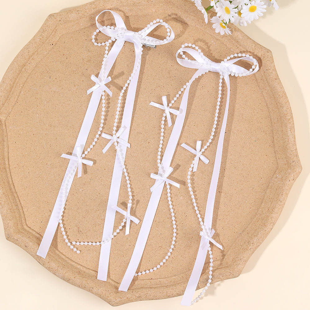 Korean Satin Long Tails Hair Clip with Bead Long Tails Hair Pins Women Girls