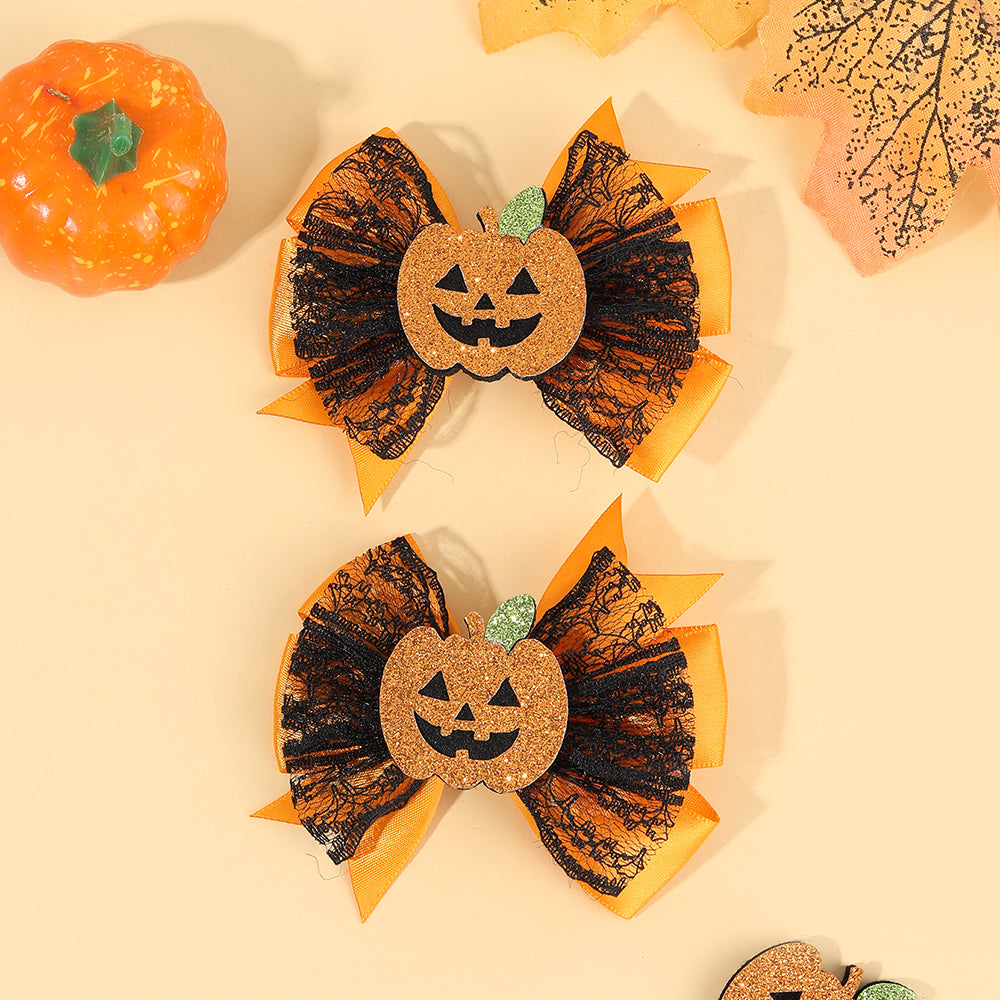 2Pcs Satin Ribbon Halloween Hair Bow Cartoon Pumpkin Spider Halloween Hair Clip