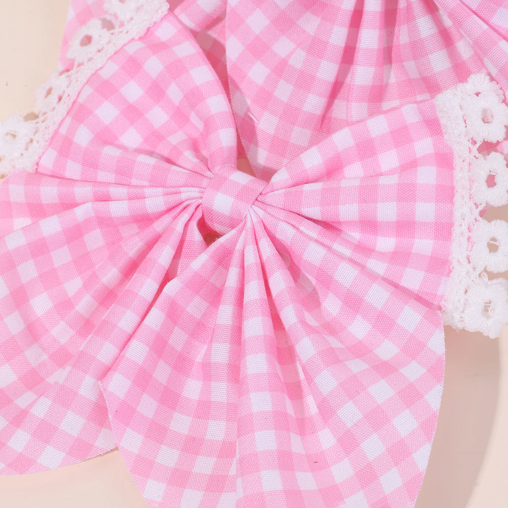 CN 6Pcs Pastel Fabric Cheked Hair Bow Set Girls Kids Lace Flower Scrunchies Headband