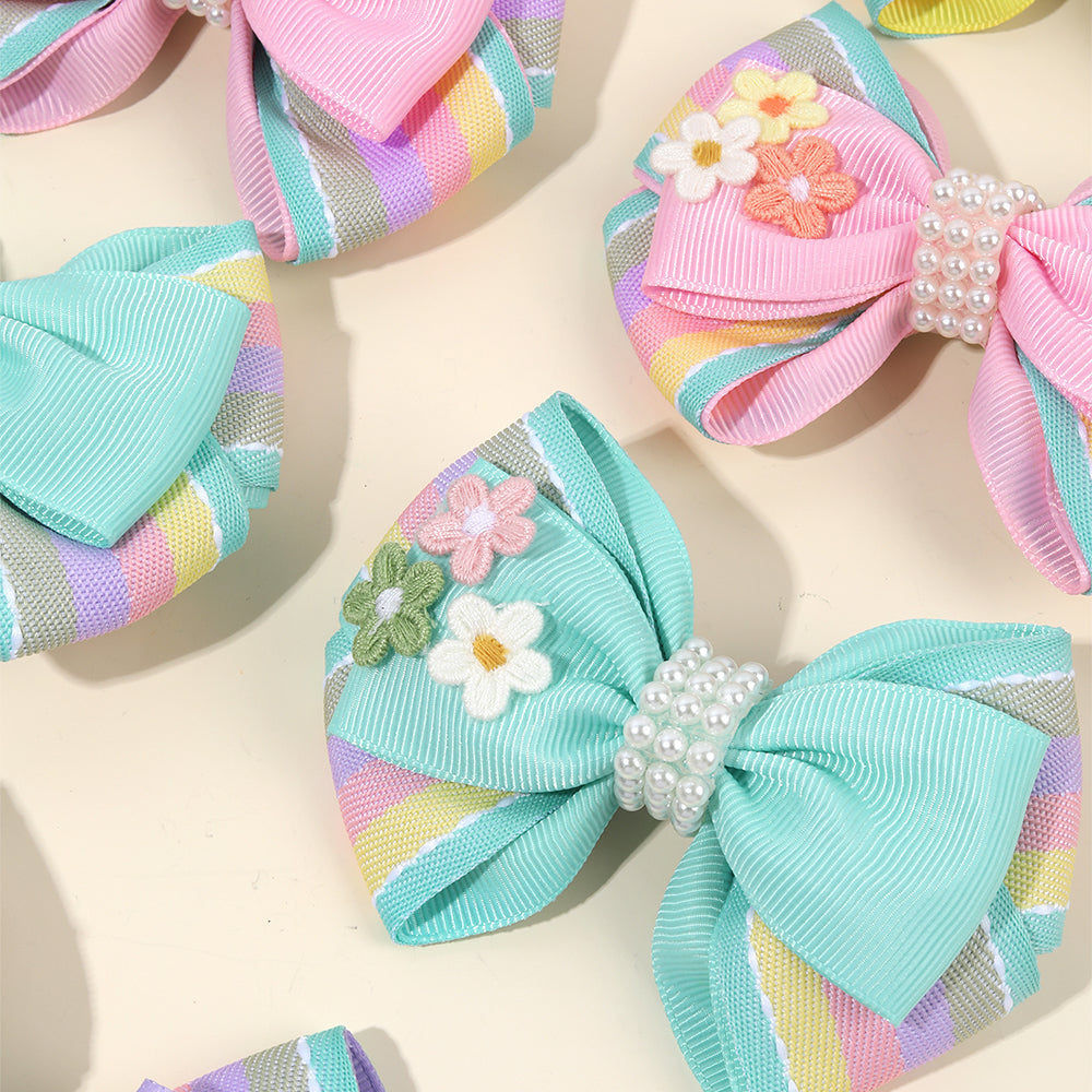 2Pcs Pastel Color Hair Bow Clips with Flower