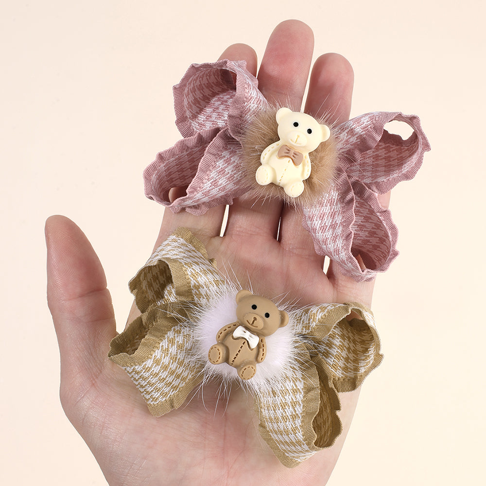 2Pcs Lovely Bear Hair Clip Fabric Scallop Edge Hair Bow Clip