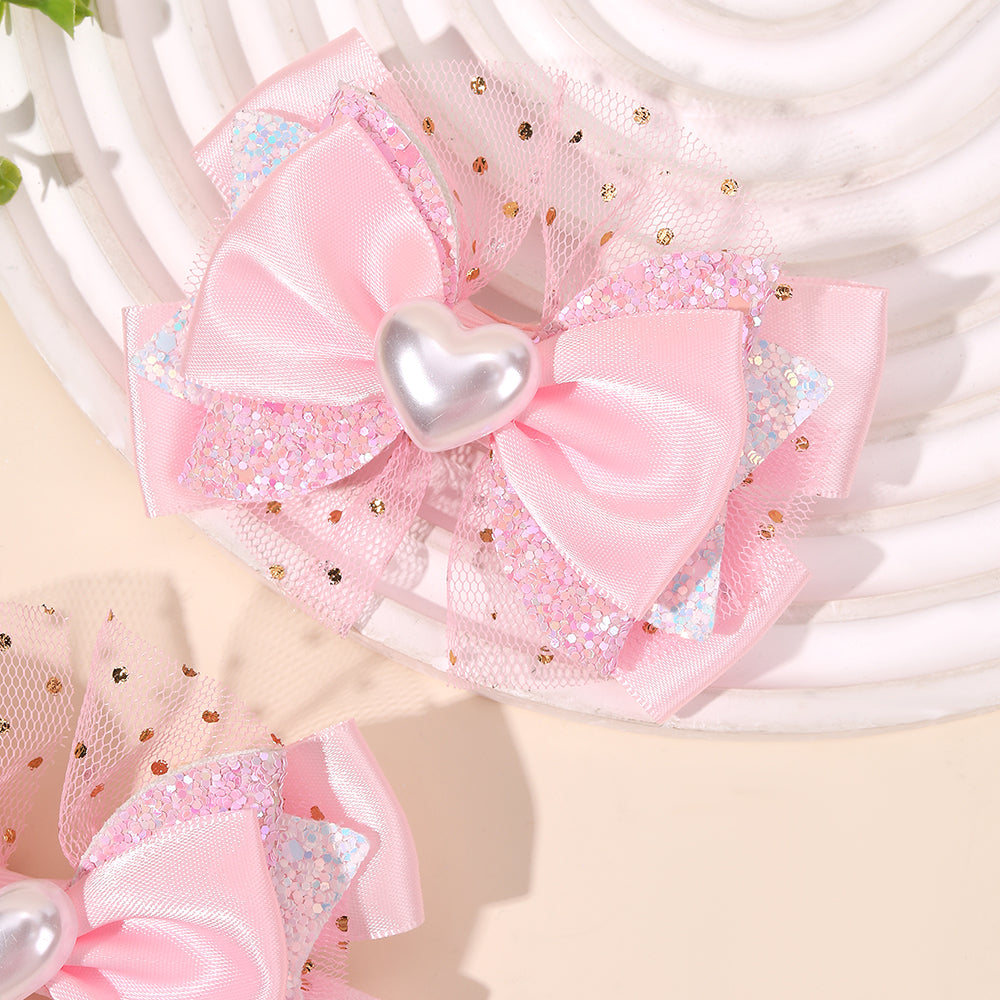 2Pcs Pastel Satin Hair Bow Clip Mesh Boutique Glitter Hair Clip Girls Baby