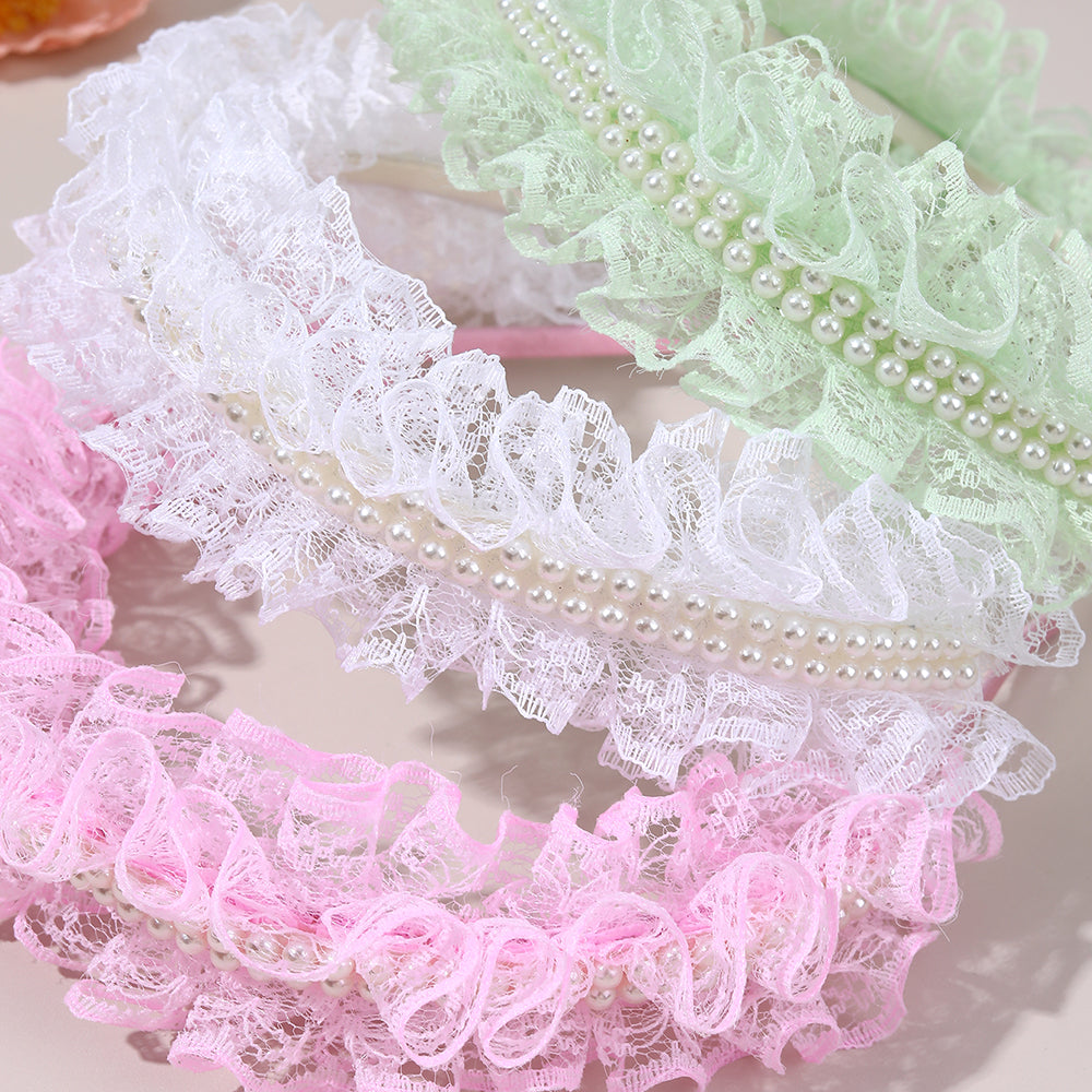 3Pcs Lace Bowknot Headband Mesh Pearl Girls Crown Hairband