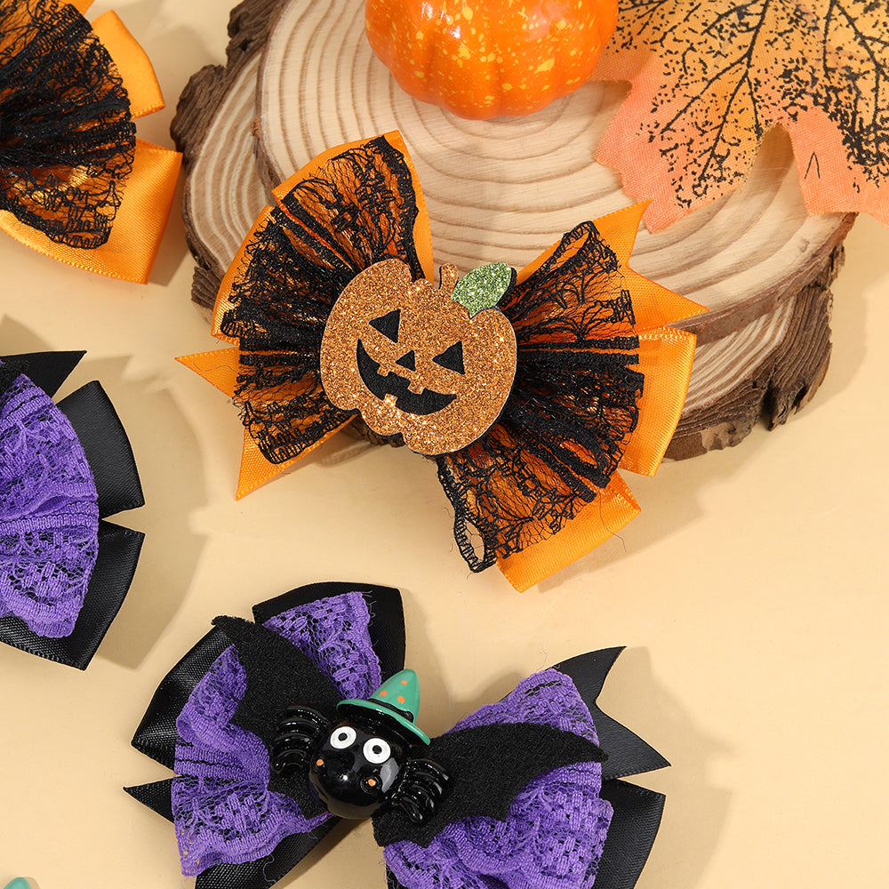 2Pcs Satin Ribbon Halloween Hair Bow Cartoon Pumpkin Spider Halloween Hair Clip