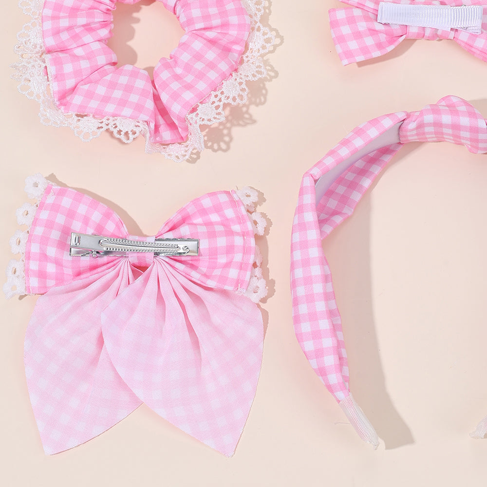 CN 6Pcs Pastel Fabric Cheked Hair Bow Set Girls Kids Lace Flower Scrunchies Headband