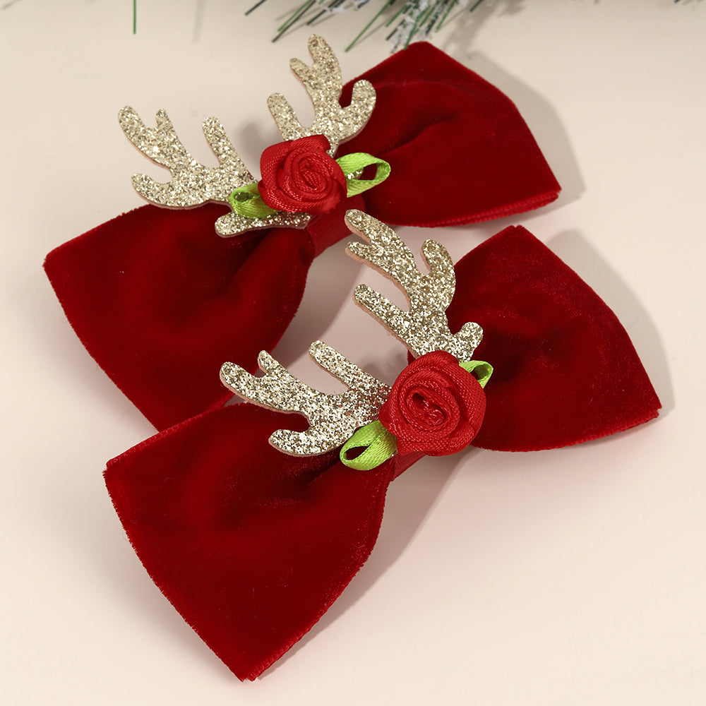 2Pcs Christmas Red Hair Bows Clips with Antlers