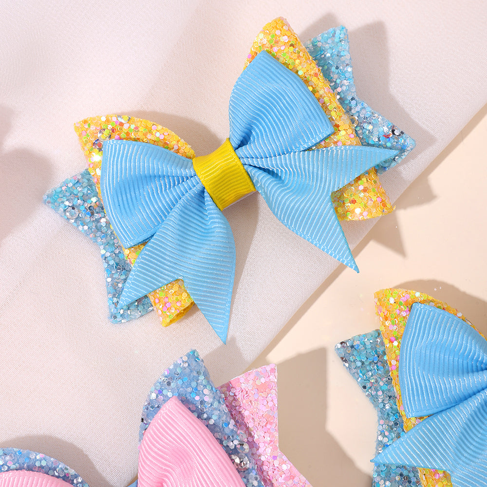 4Pcs Grosgrain Ribbon Boutique Hair Bow Clip Sparkly Glitter Pigtails Hair Clip Princess Gilrs