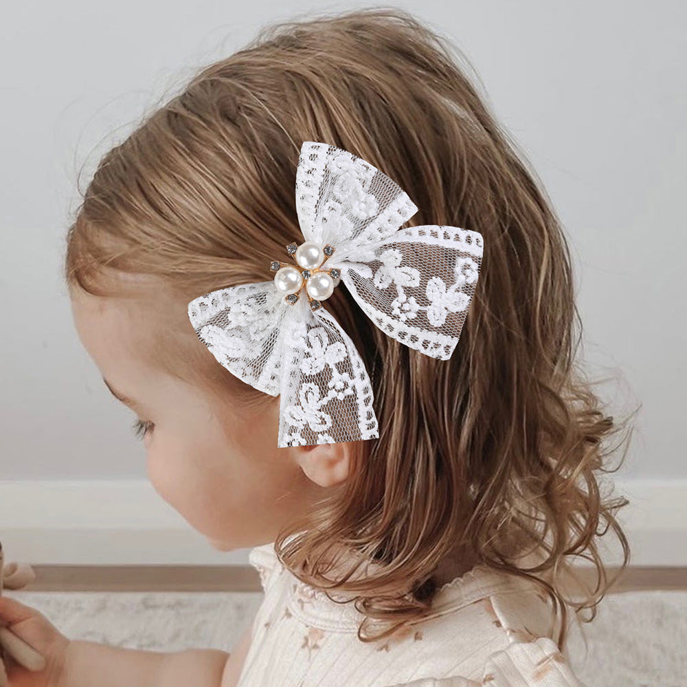 2Pcs Lace Hair Bow Clips with Pearl