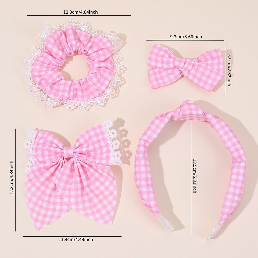 CN 6Pcs Pastel Fabric Cheked Hair Bow Set Girls Kids Lace Flower Scrunchies Headband