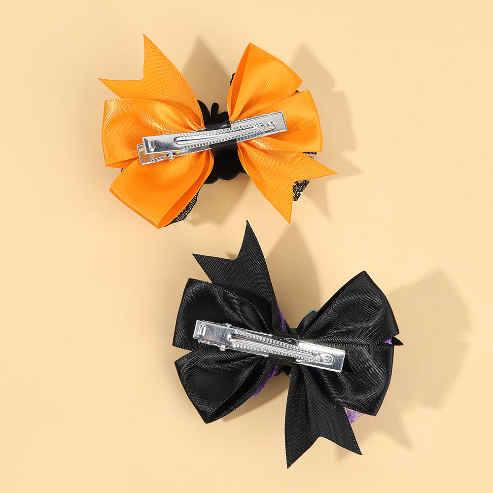 2Pcs Satin Ribbon Halloween Hair Bow Cartoon Pumpkin Spider Halloween Hair Clip
