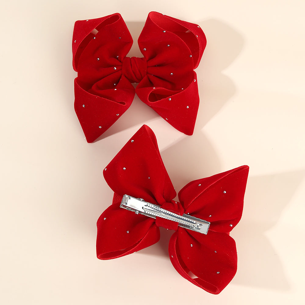 2Pcs Large Velvet Hair Bow with Sparkly Rhinestone Hair Clip Girls