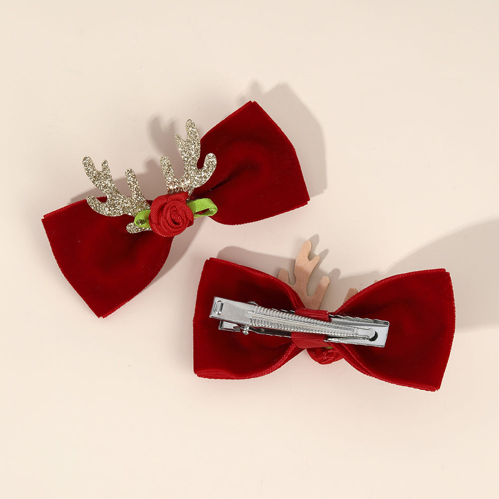 2Pcs Christmas Red Hair Bows Clips with Antlers