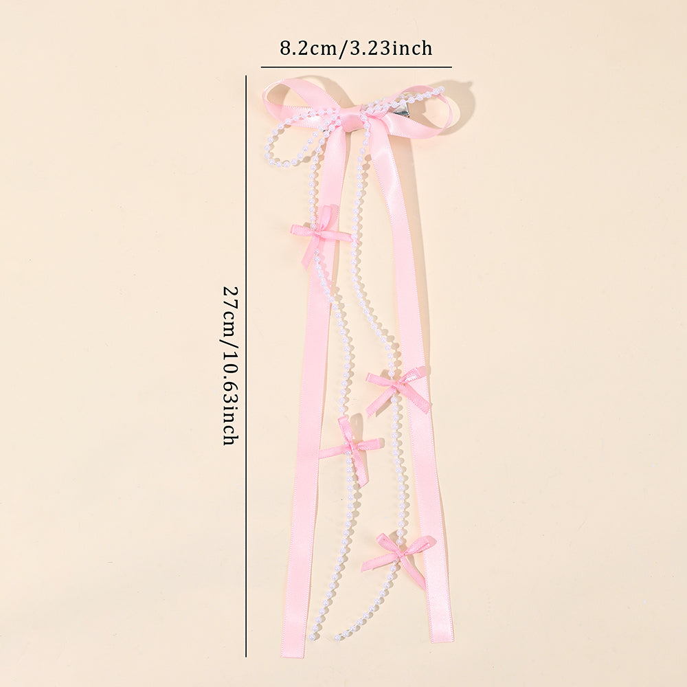 Korean Satin Long Tails Hair Clip with Bead Long Tails Hair Pins Women Girls