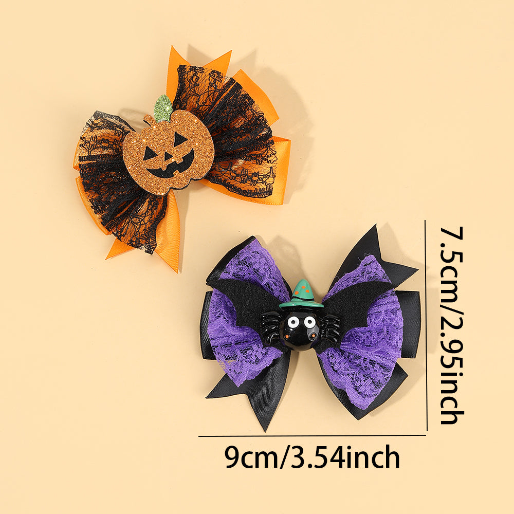 2Pcs Satin Ribbon Halloween Hair Bow Cartoon Pumpkin Spider Halloween Hair Clip