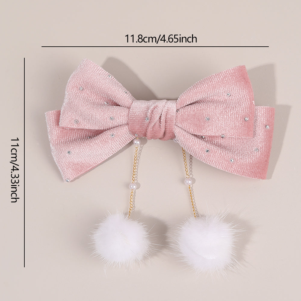 Winter Velvet Hair Bow Rhinestone Pom Pom Tassel Hair Clip Girls
