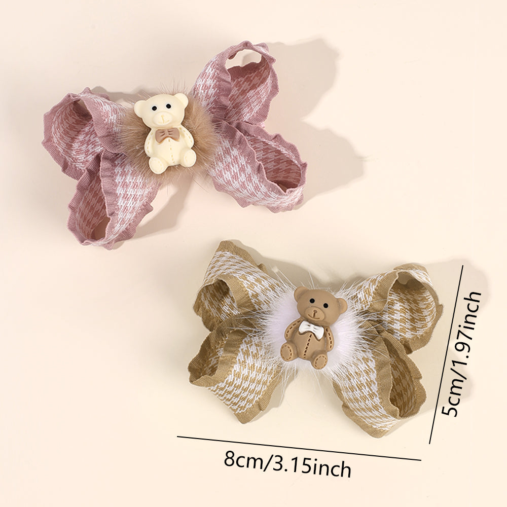 2Pcs Lovely Bear Hair Clip Fabric Scallop Edge Hair Bow Clip
