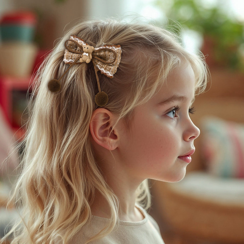 2Pcs Cartoon Bear Hair Pins Velvet Hair Bow Clip Girls