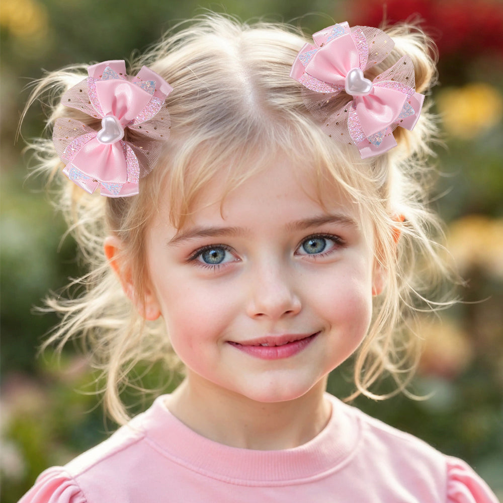 2Pcs Pastel Satin Hair Bow Clip Mesh Boutique Glitter Hair Clip Girls Baby