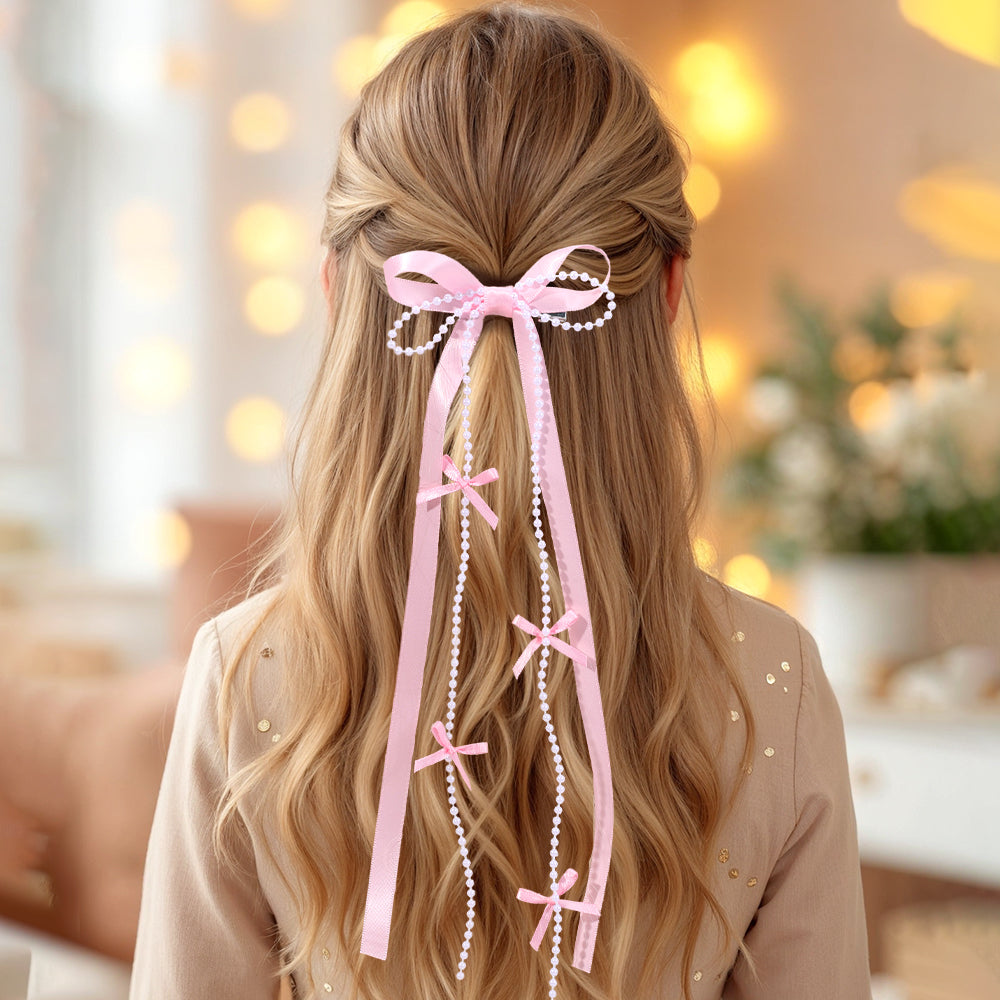 Korean Satin Long Tails Hair Clip with Bead Long Tails Hair Pins Women Girls
