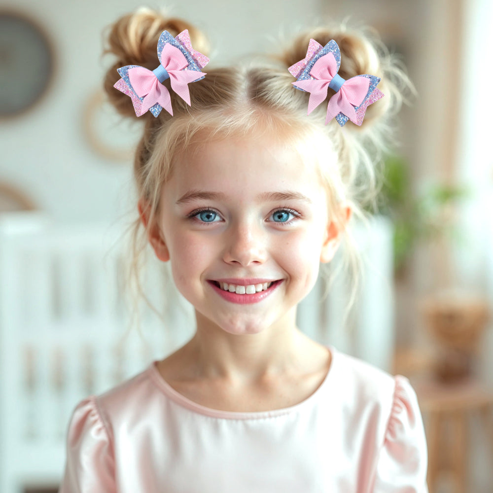 4Pcs Grosgrain Ribbon Boutique Hair Bow Clip Sparkly Glitter Pigtails Hair Clip Princess Gilrs