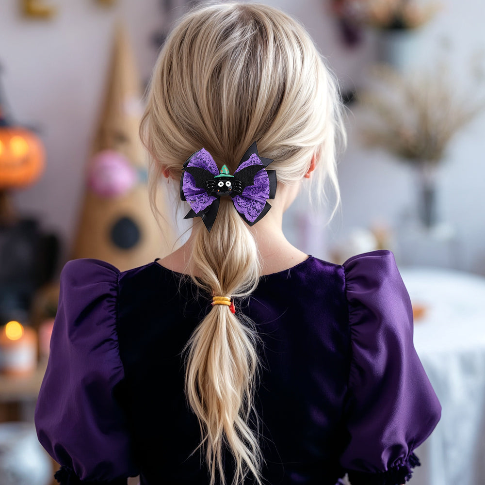 2Pcs Satin Ribbon Halloween Hair Bow Cartoon Pumpkin Spider Halloween Hair Clip