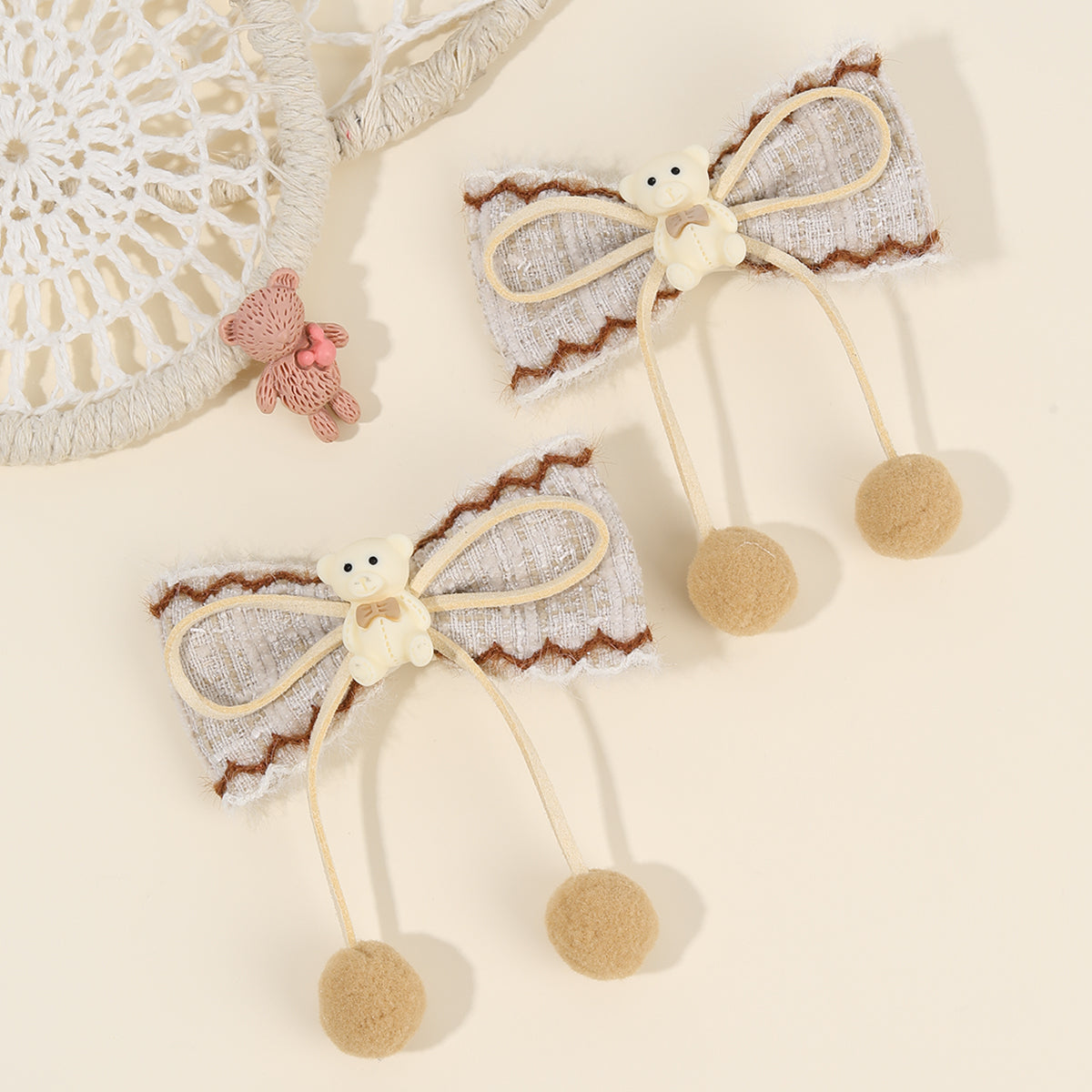 2Pcs Cartoon Bear Hair Pins Velvet Hair Bow Clip Girls
