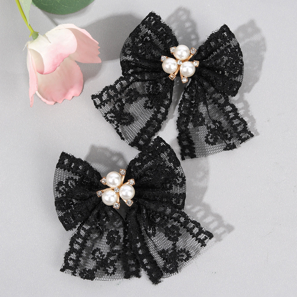 2Pcs Lace Hair Bow Clips with Pearl