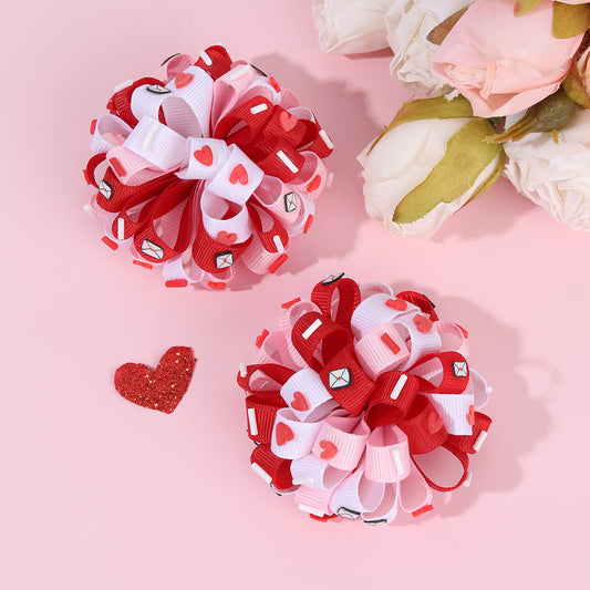 2Pcs Pink Ball Corker Valentine's Day Hair Bows Clips For Girls
