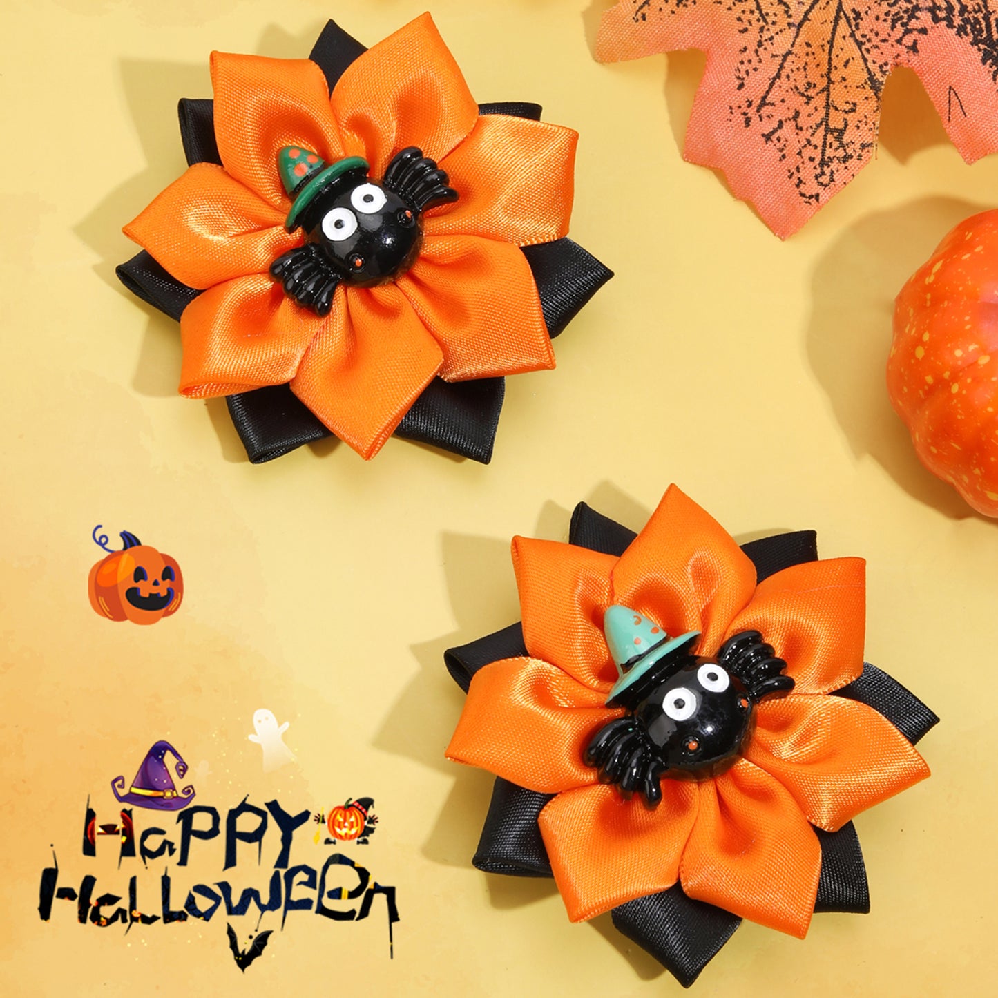Halloween Spider Satin Flower Hair Bows
