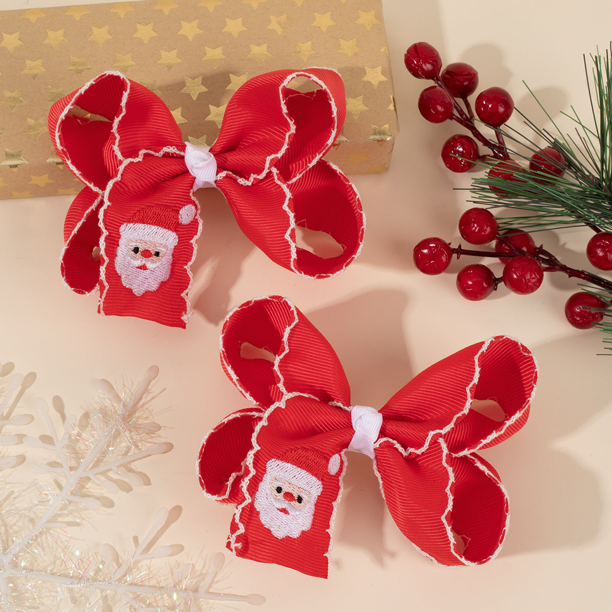 2Pcs Christmas Embroidery Hair Bow Clips