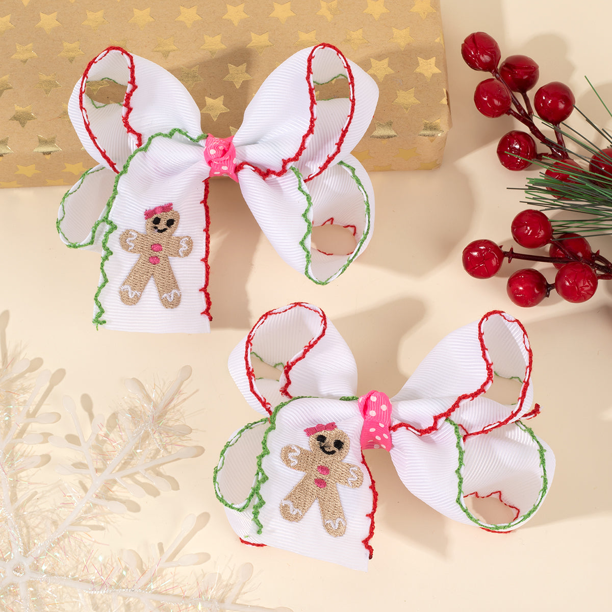 2Pcs Christmas Embroidery Hair Bow Clips