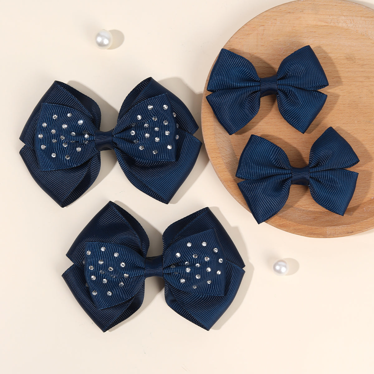 4Pcs Solid Color Hair Bow Clips with Rhinestone