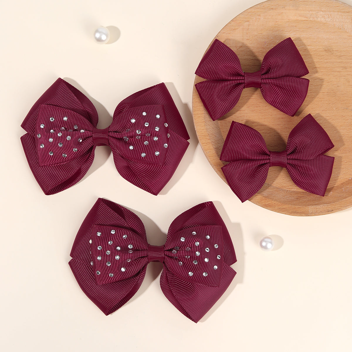 4Pcs Solid Color Hair Bow Clips with Rhinestone