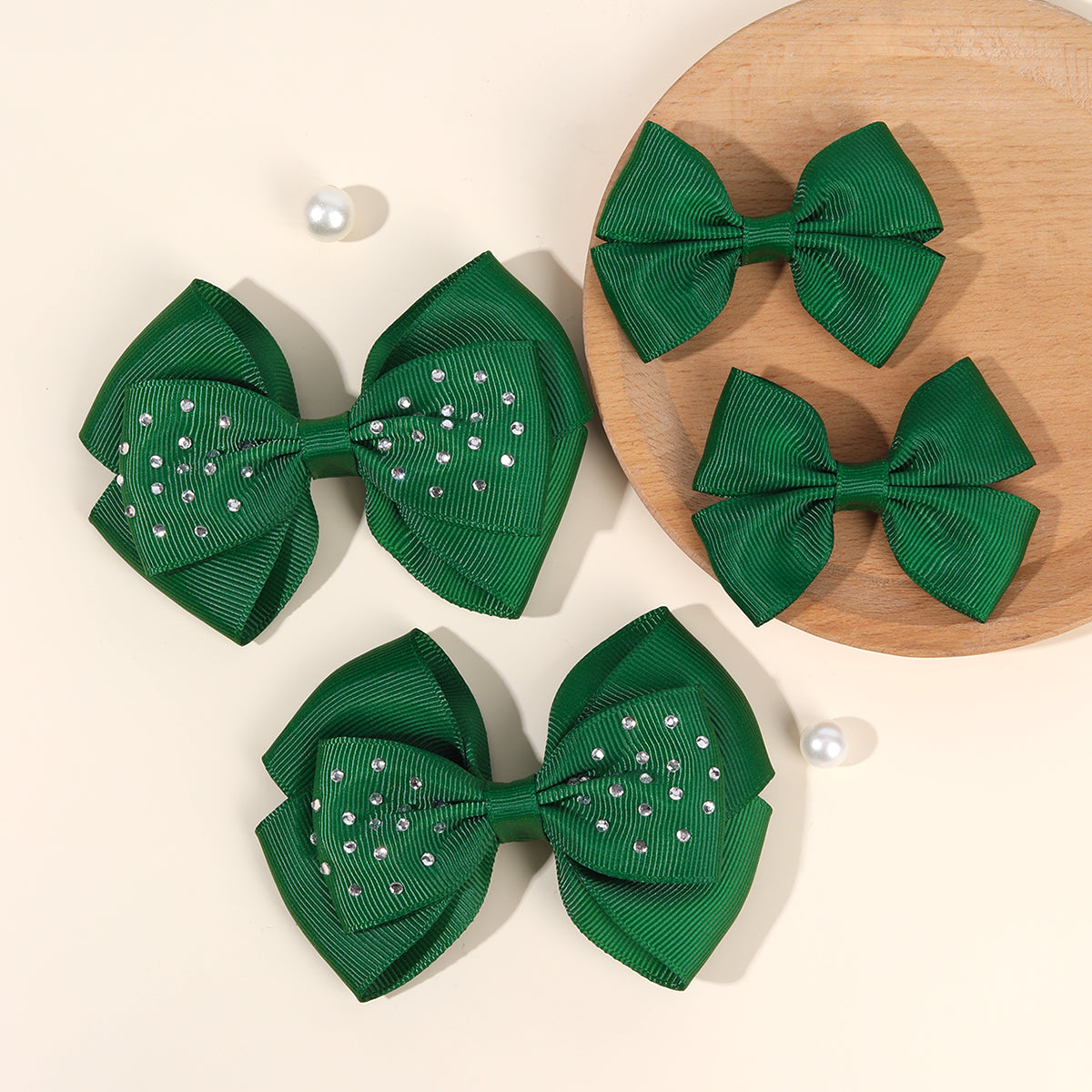 4Pcs Solid Color Hair Bow Clips with Rhinestone
