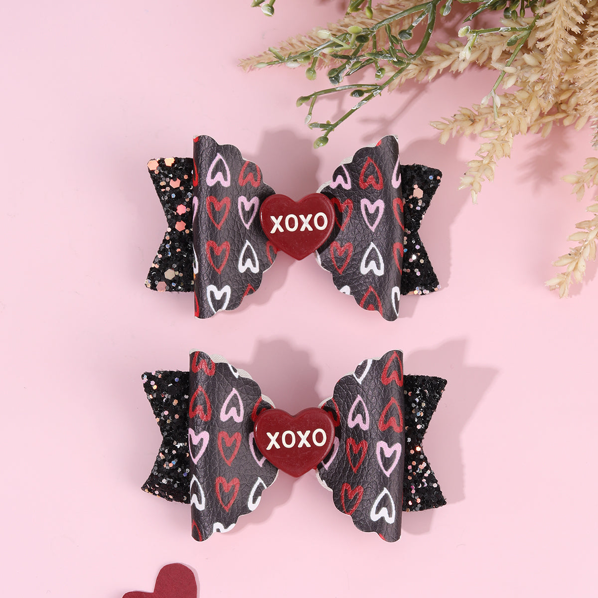 2Pcs Leather Glitter Valentine's Day Hair Bow Clips(8 Colors availbale)