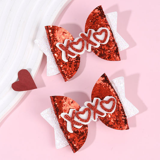 2Pcs Leather Glitter Valentine's Day Hair Bow Clips(8 Colors availbale)