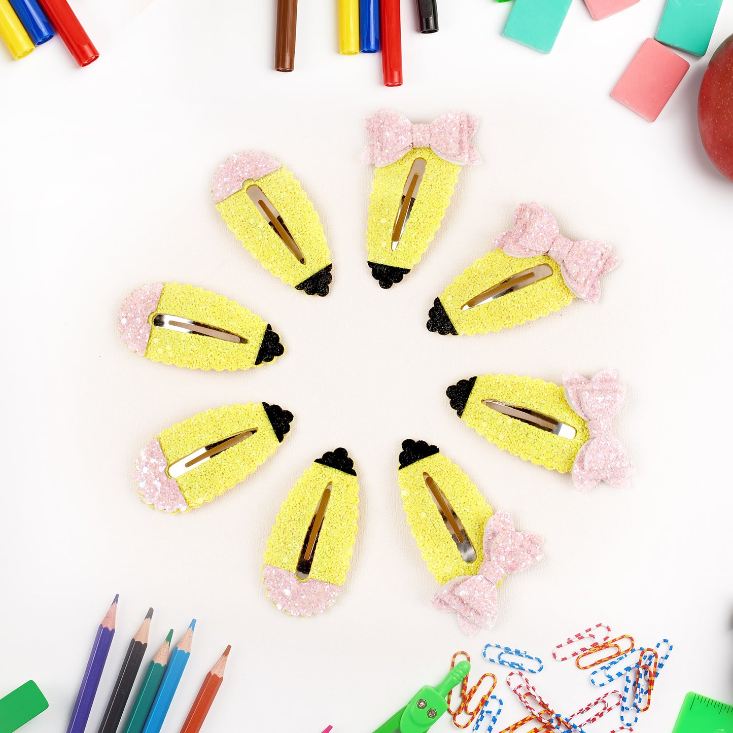 8PCS Back to School Glitter Pencil Hair Clips