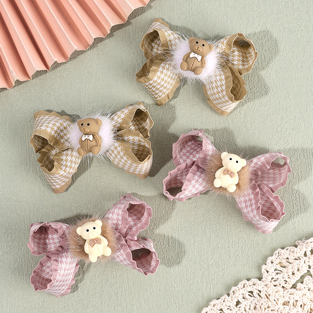 2Pcs Lovely Bear Hair Clip Fabric Scallop Edge Hair Bow Clip