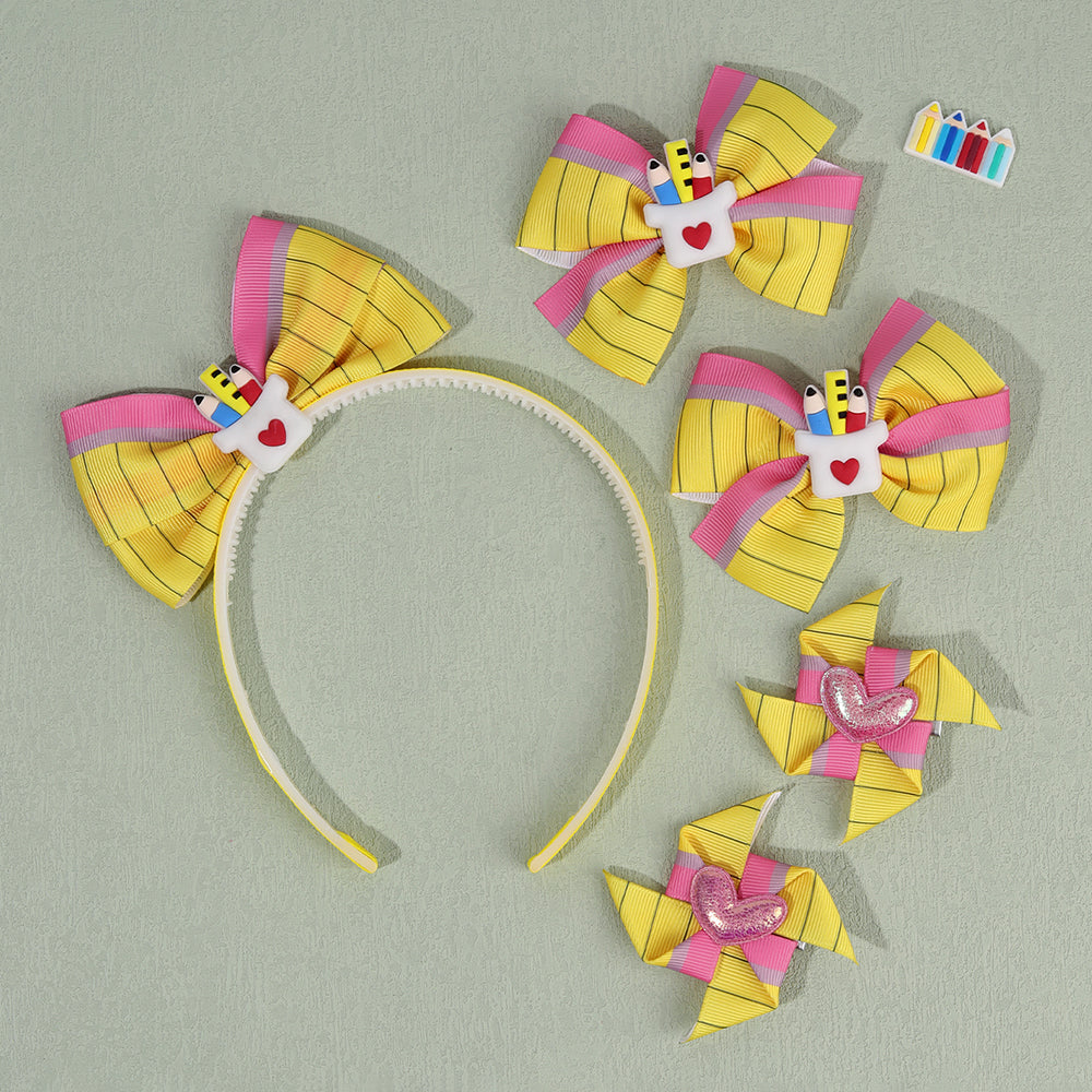 5Pcs Yellow Pencil Hair Clip Set Back to School Headband Girls