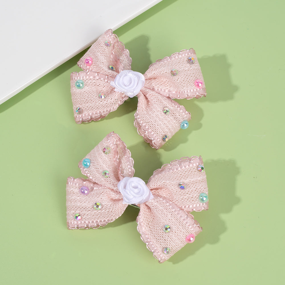 CN 2Pcs Fabric with Rhinestone Hair Bow Clip