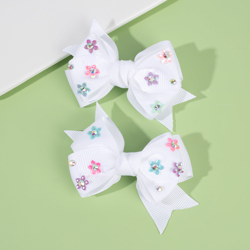 CN 2Pcs Grosgrain Ribbon Hair Bow Clip Sparkly Rhinestone Hair Clip